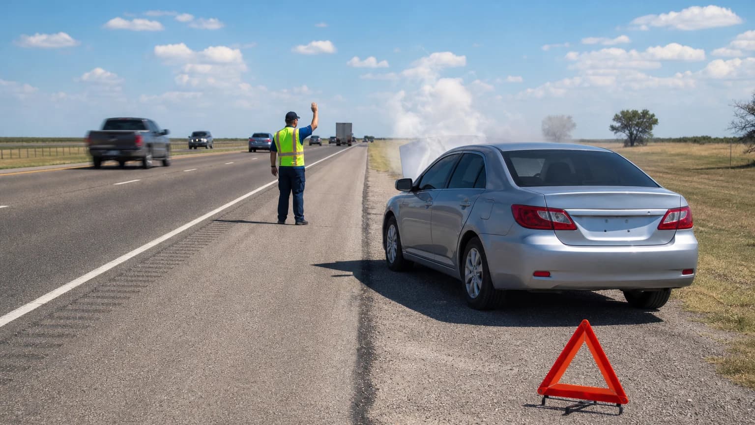 Car fire Dallas highway safety scene with a roadside technician signaling traffic away from a smoking sedan on a Texas highway shoulder