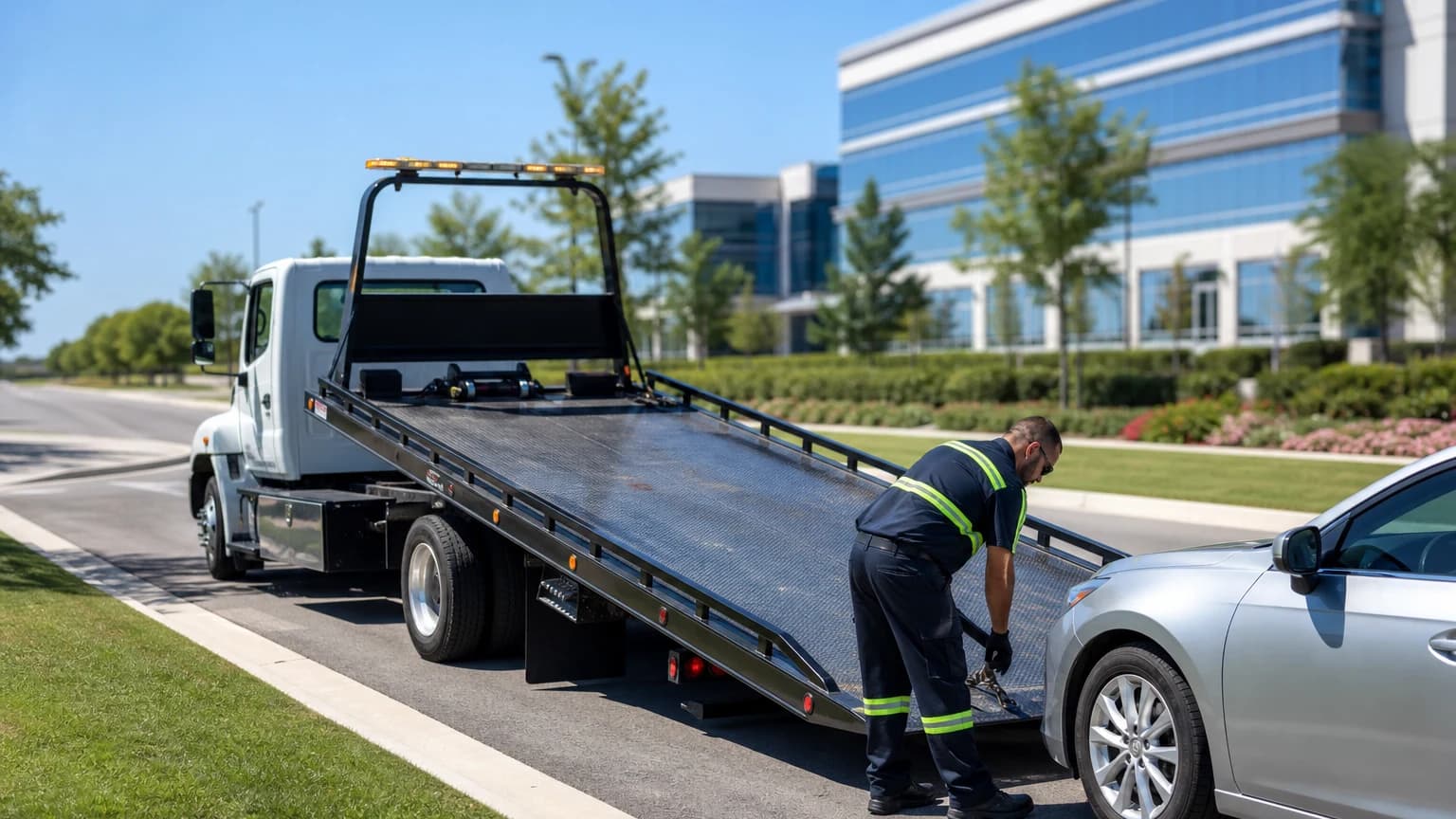 Roadside assistance Plano TX technician preparing to load a stalled sedan onto a flatbed tow truck beside a suburban office park