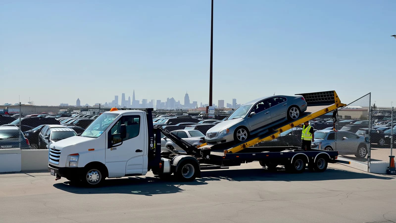 Flatbed truck picking up a car for secondary towing in Dallas from a storage lot