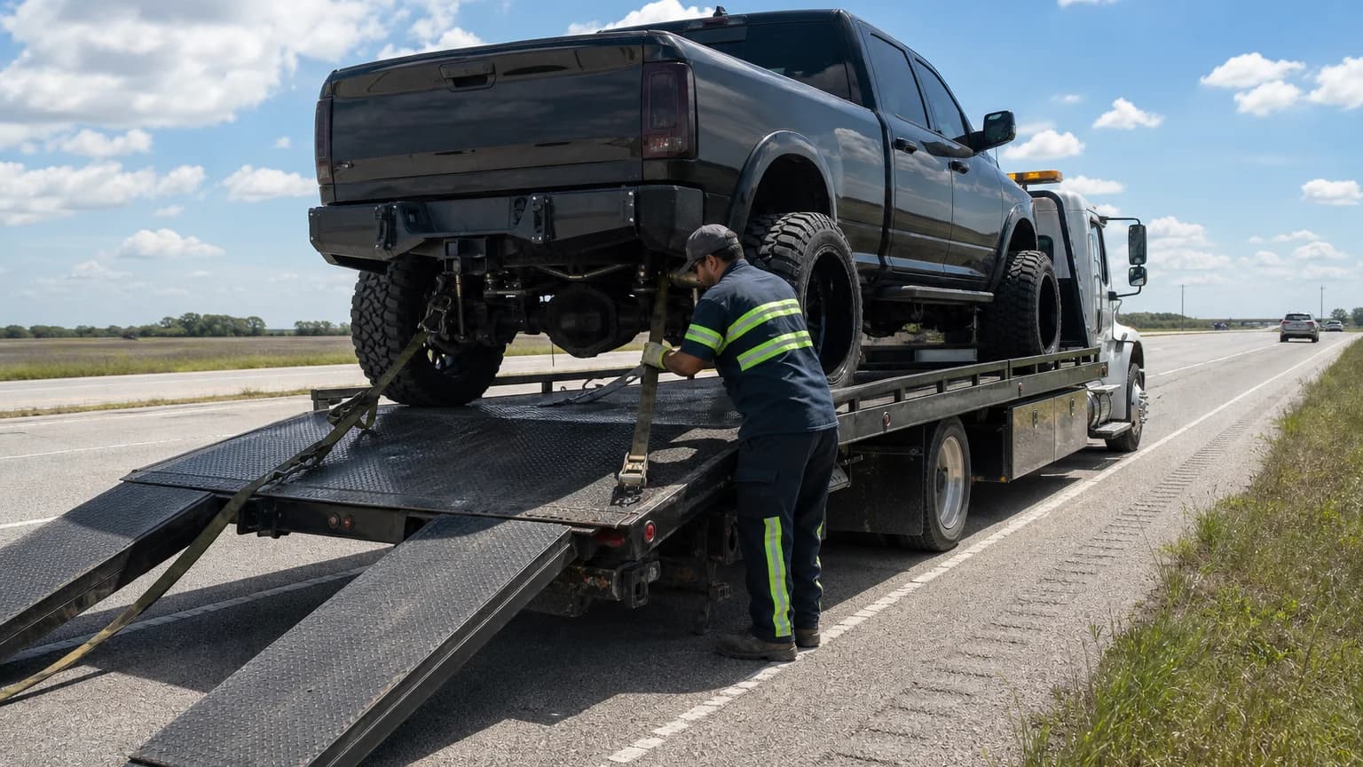 Towing a lifted truck in Dallas: technician strapping down an oversized pickup onto a flatbed on a Texas highway shoulder