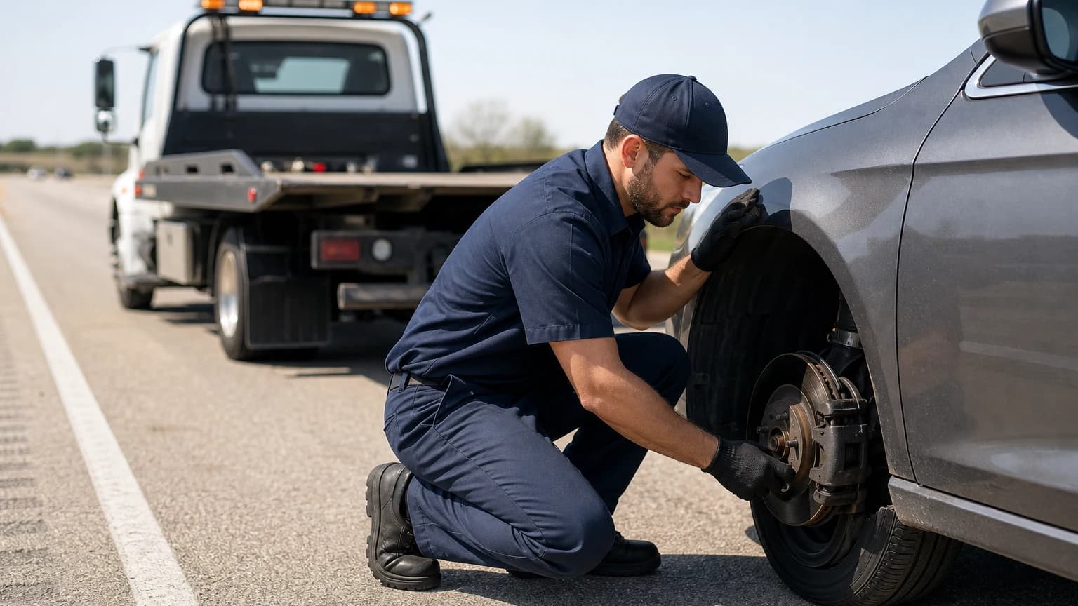Brake wear Dallas technician inspecting a sedan's front brake rotor on a highway shoulder next to a Texas Tows flatbed