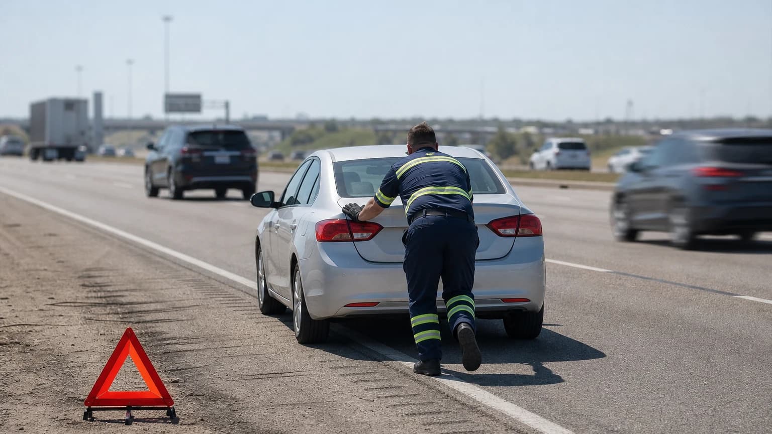 Car stalled in Dallas traffic while a roadside technician pushes the sedan toward the shoulder on a Texas highway