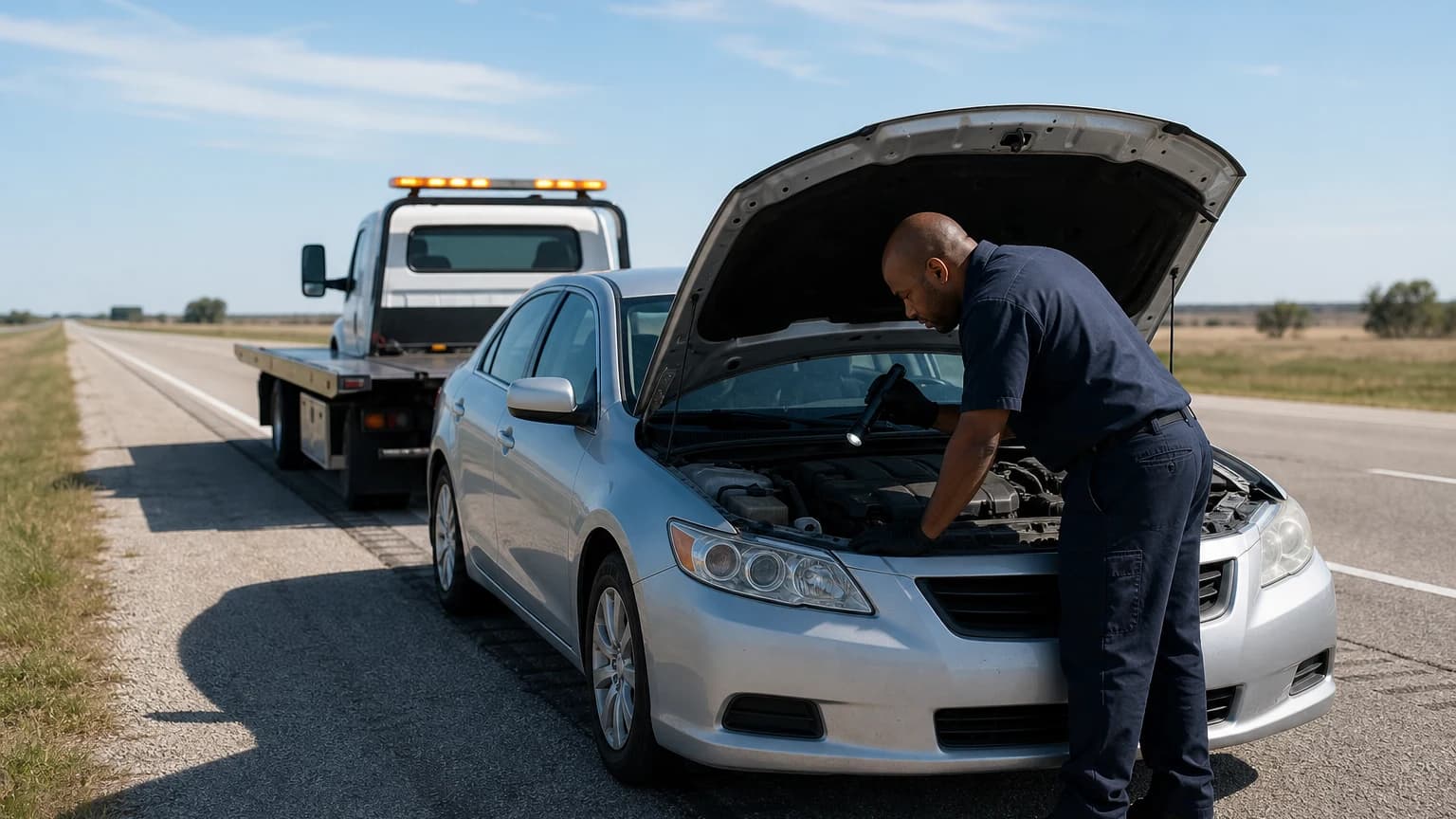 Check engine light Dallas technician inspecting the engine bay of a sedan on a highway shoulder next to a flatbed tow truck