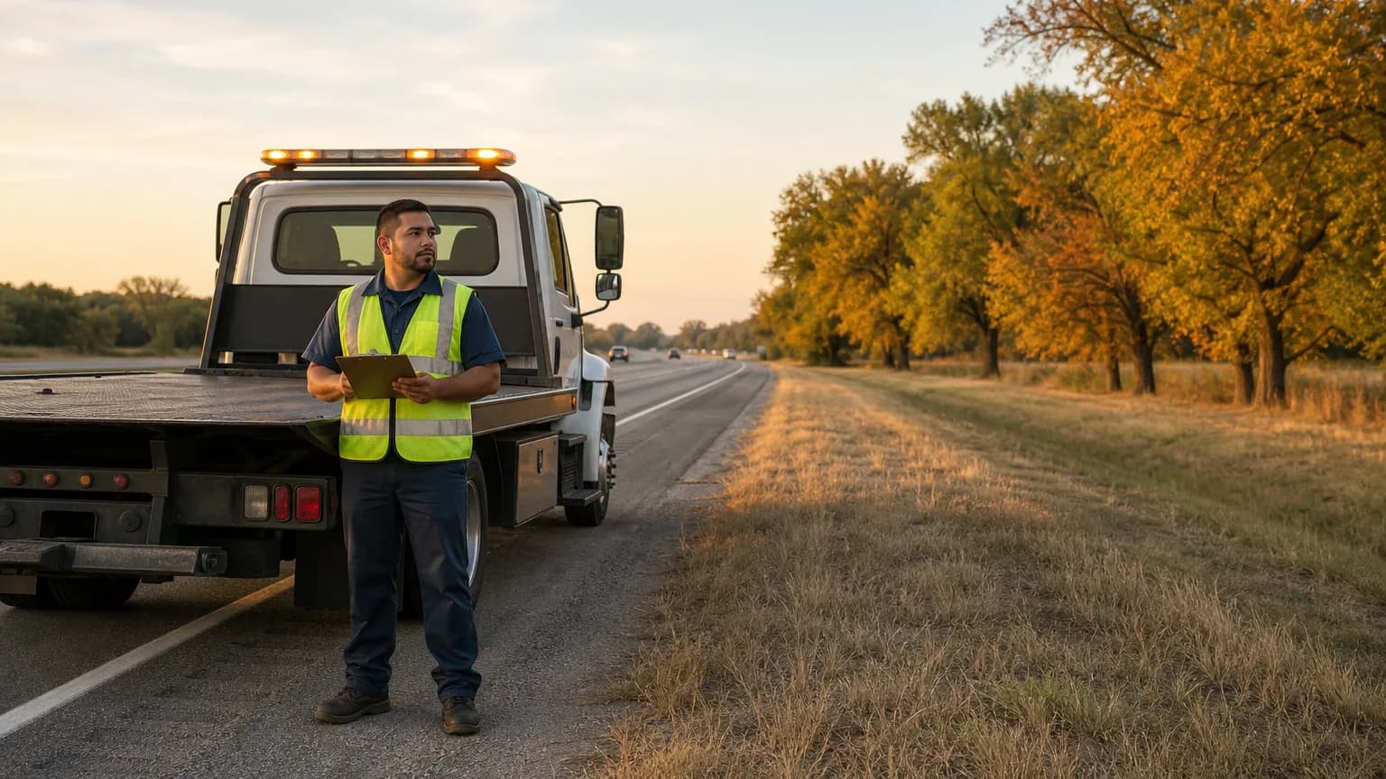 Fall car maintenance Dallas: uniformed tow operator beside a flatbed on a Texas highway shoulder at golden hour with autumn trees