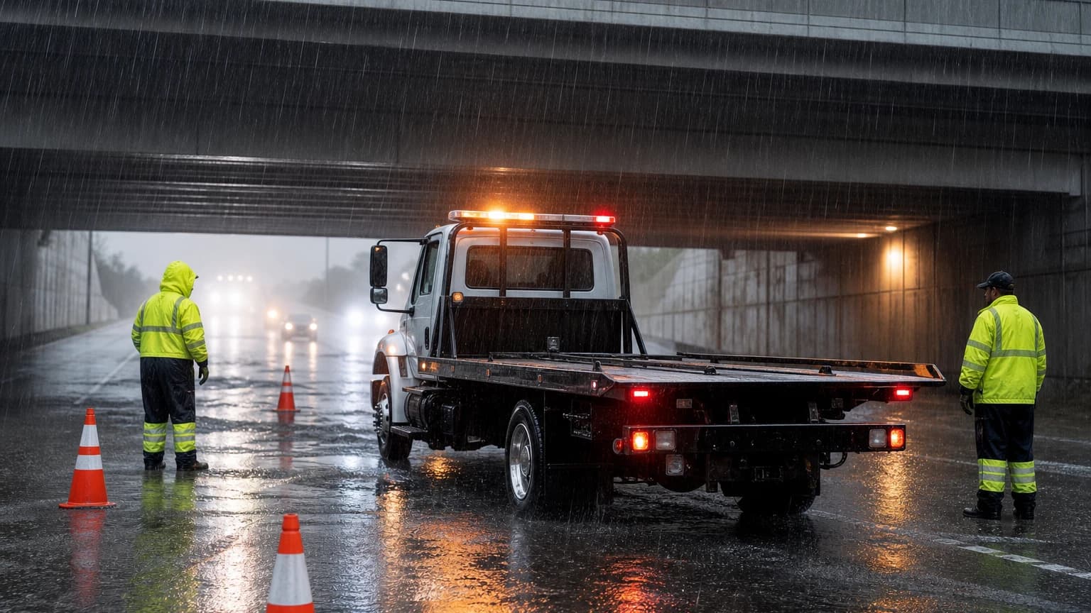 Flash flood towing Dallas flatbed tow truck and technicians responding to a flooded underpass during a heavy storm
