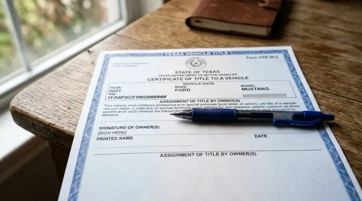 Close-up of a Texas vehicle title document being signed on a table — required for junk car removal transfer