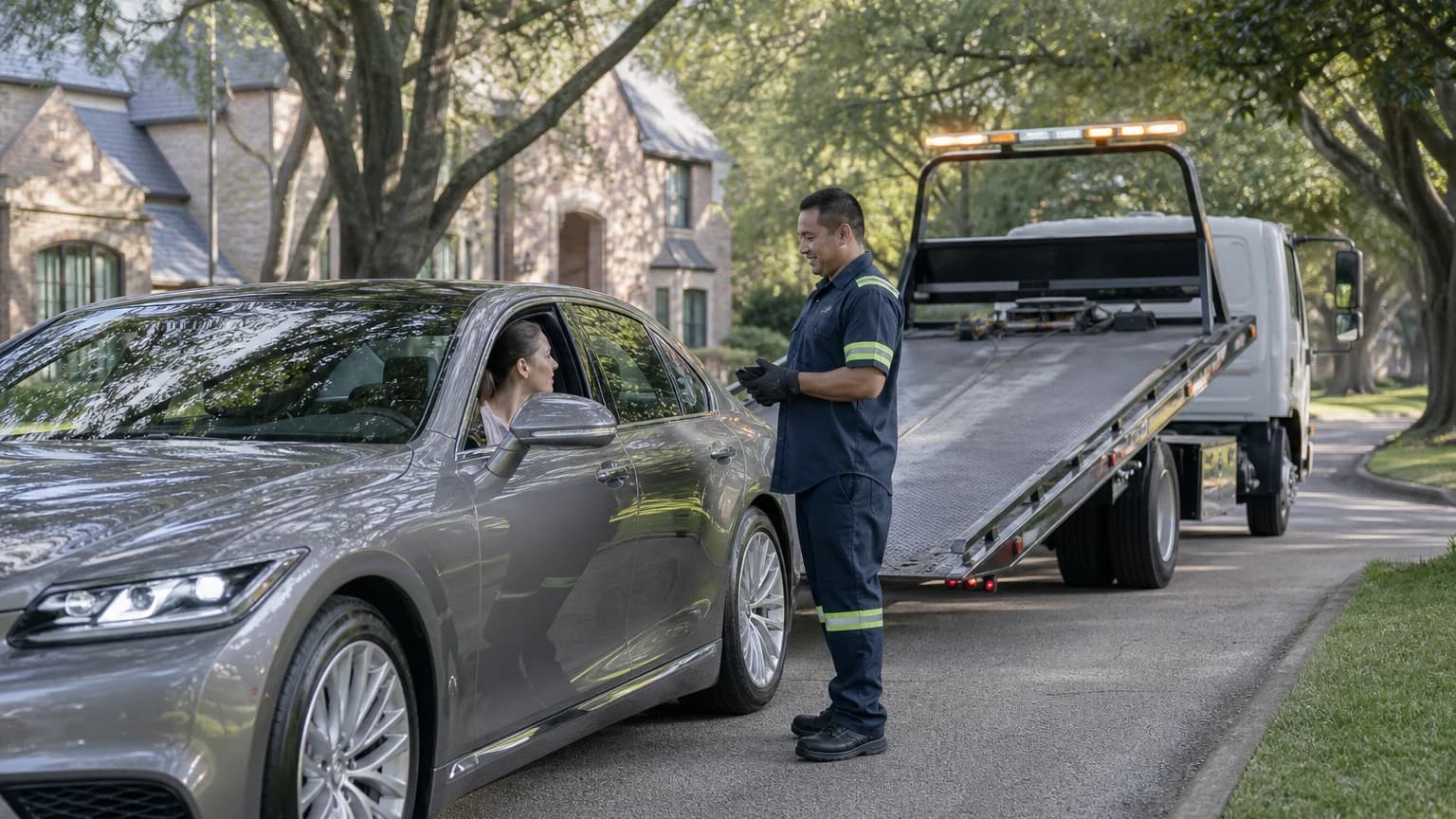 Roadside assistance Bluffview Dallas technician helping a driver beside a flatbed tow truck on a tree-lined residential street