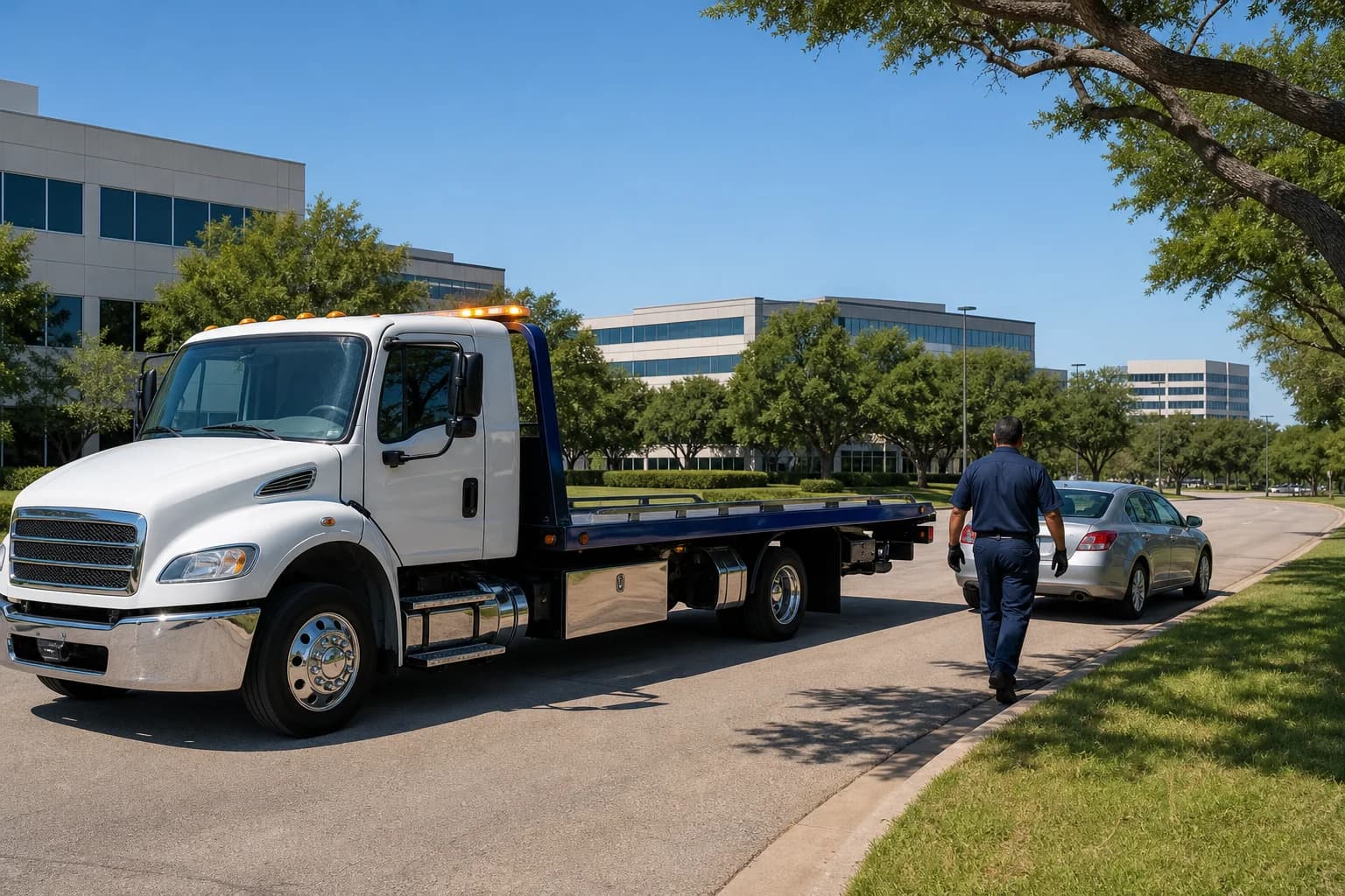 Roadside assistance Richardson TX tow truck crew helping a stalled sedan near the Telecom Corridor office park