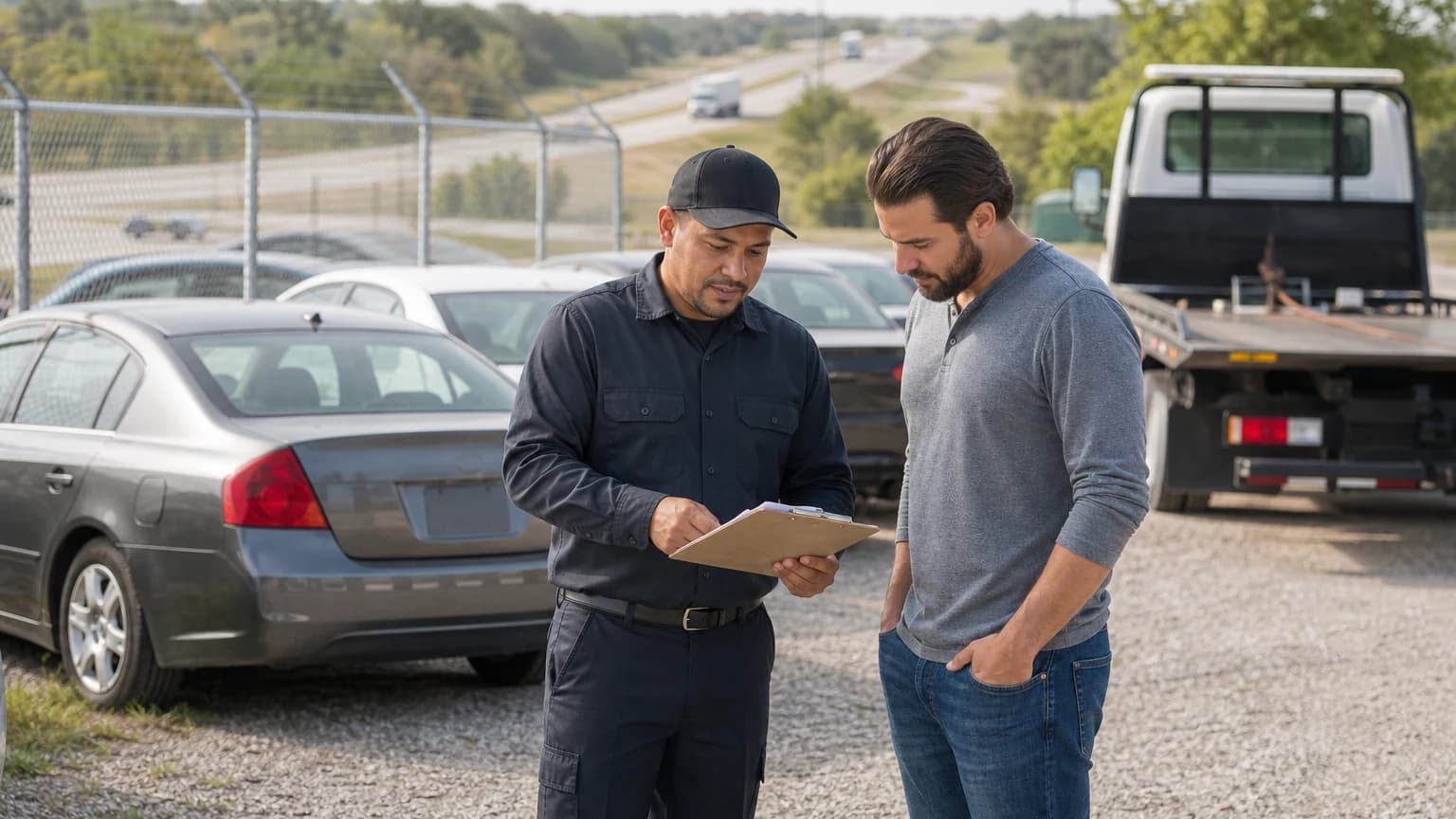 Texas towing storage fees Dallas tow yard employee reviewing paperwork with a customer beside a fenced vehicle storage lot