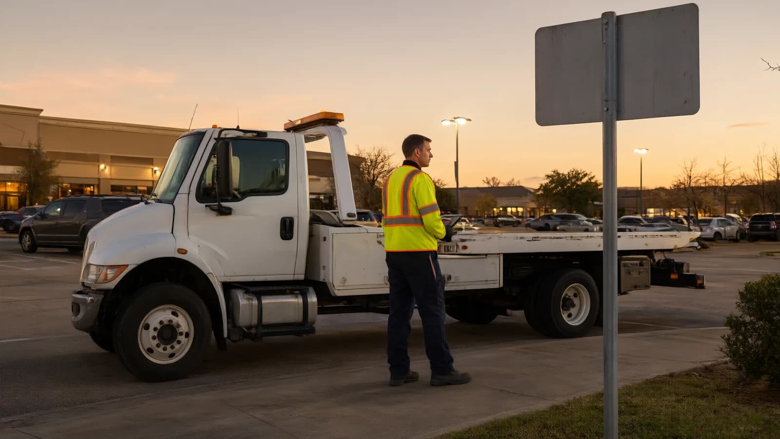 Tow truck beside a tow away zone sign at a Dallas, Texas parking lot