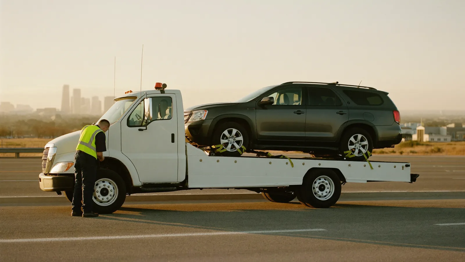 Flatbed tow truck carrying an SUV, one of the main types of tow trucks used in Dallas