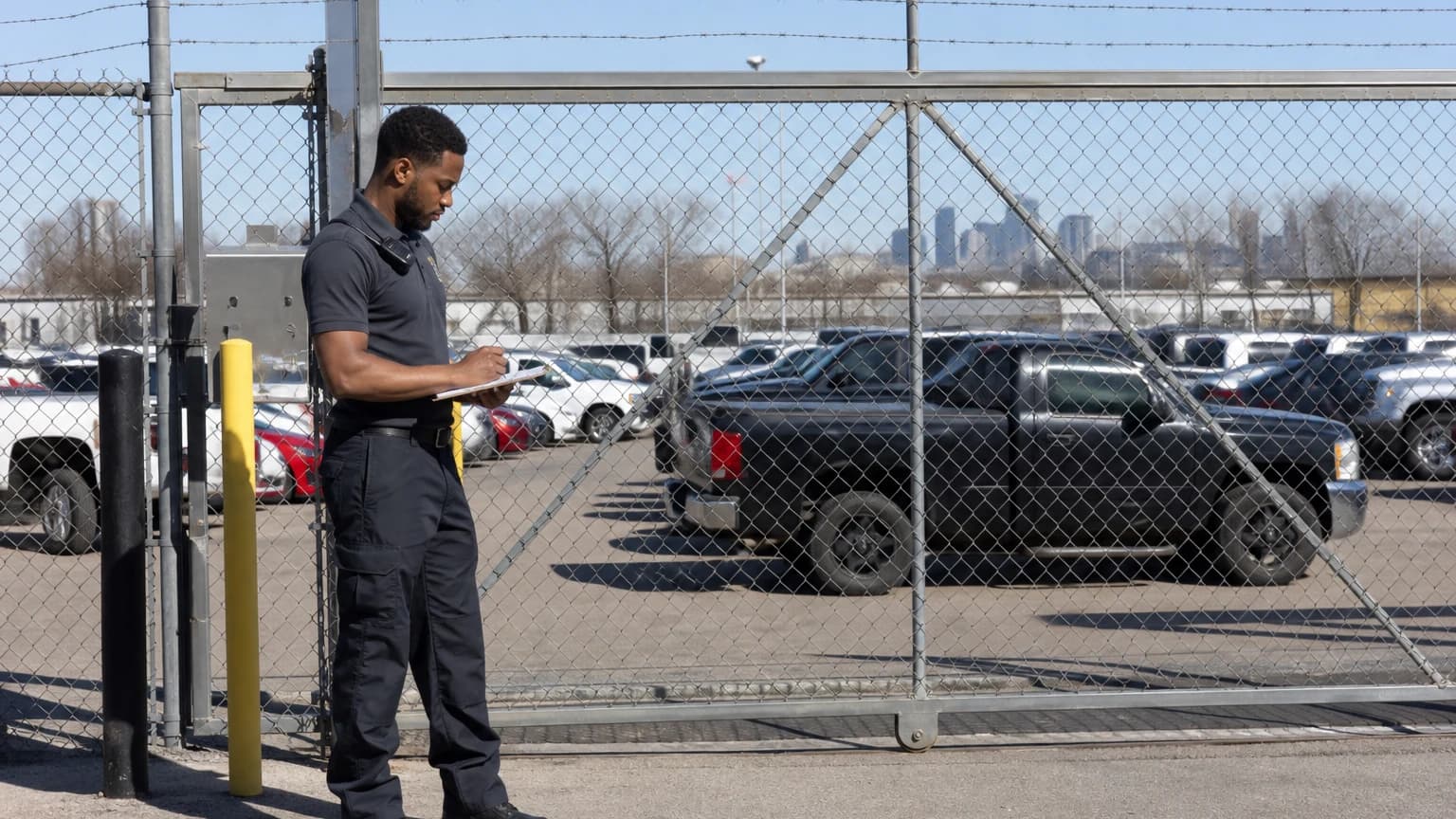Unclaimed towed car Texas vehicle storage facility attendant checking a lot of stored vehicles behind a fence