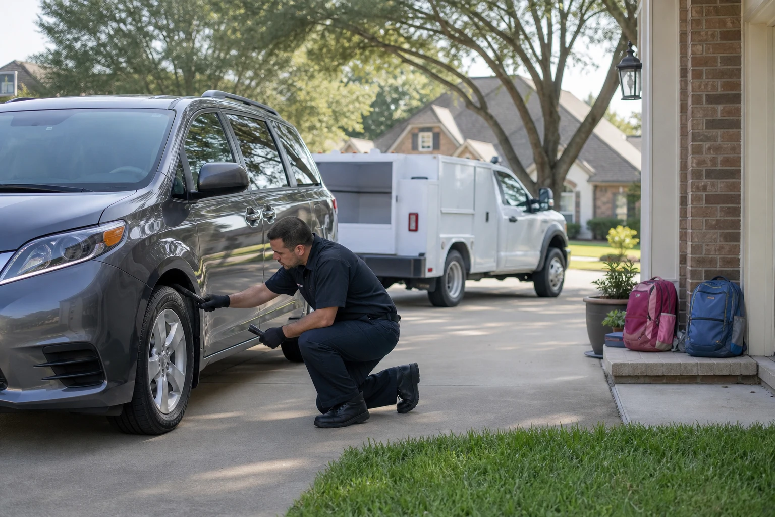 Back to school car safety Dallas technician inspecting a minivan tire in a suburban driveway with backpacks by the front door