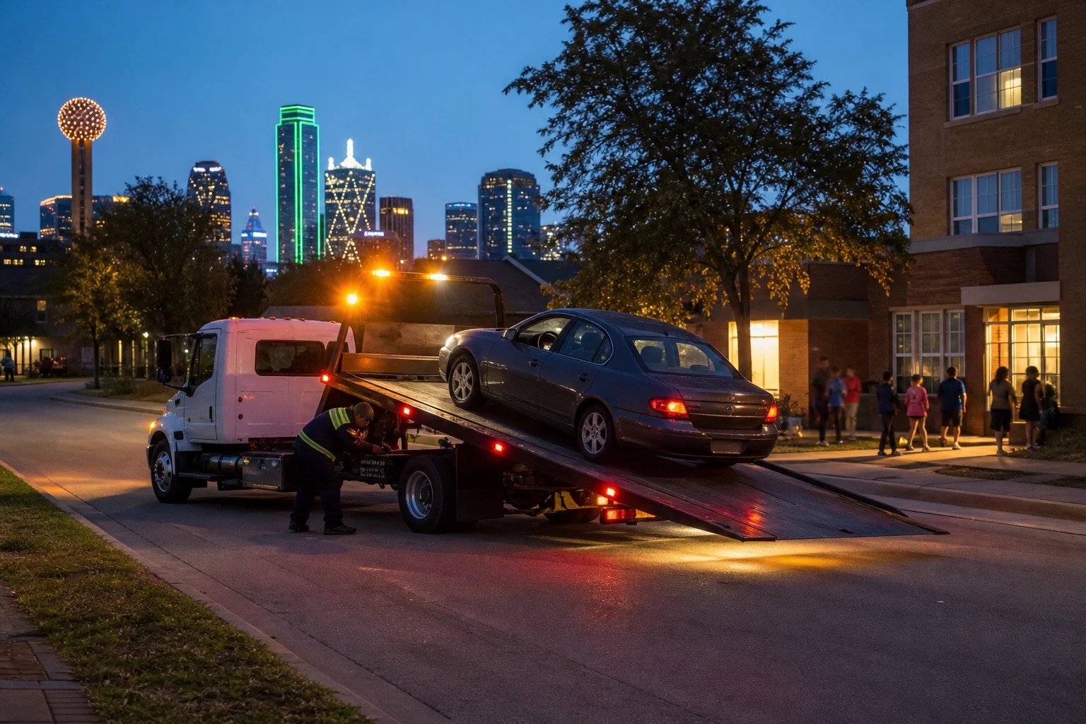 Back to school car safety Dallas flatbed tow truck loading a stalled sedan at dusk near a school with the Dallas skyline lit up in the background