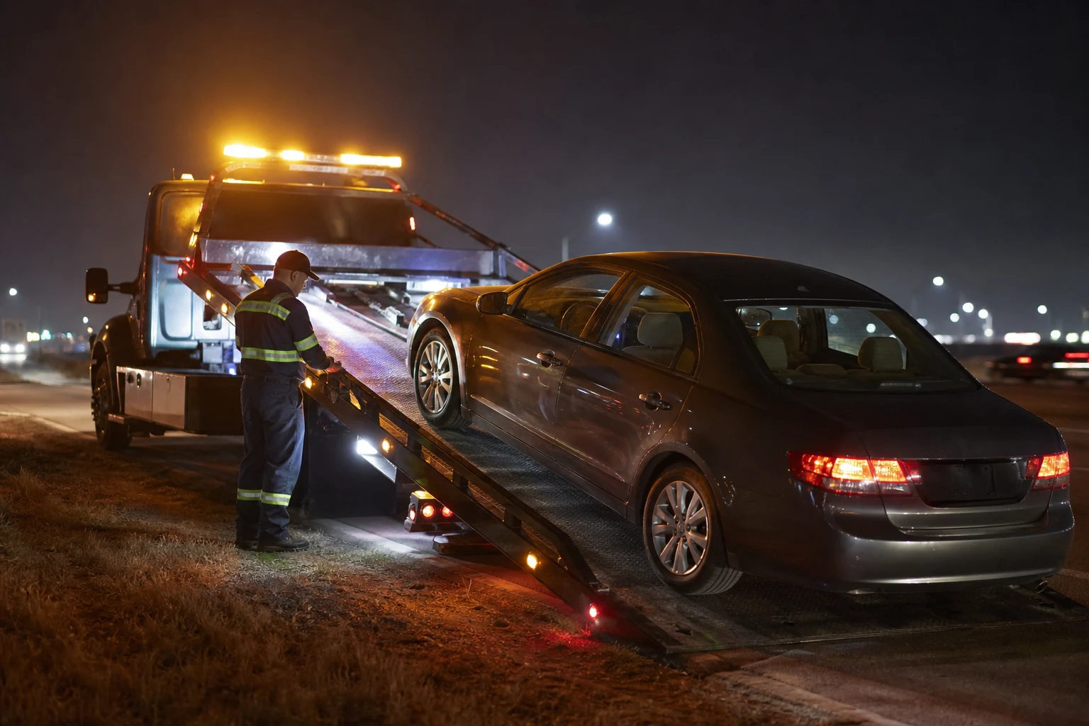 Brake wear Dallas flatbed tow truck loading a sedan at night after a brake problem