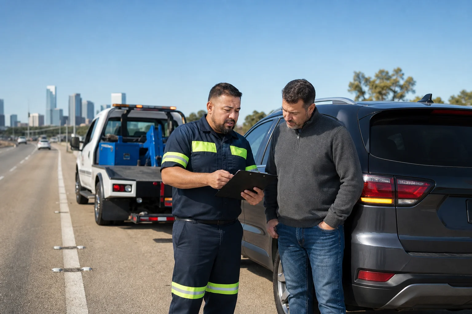 Texas Tows uniformed technician and stranded motorist reviewing car breakdown situation on I-20 highway shoulder near Dallas Texas — SUV with hazard lights on, DFW suburban backdrop in daylight