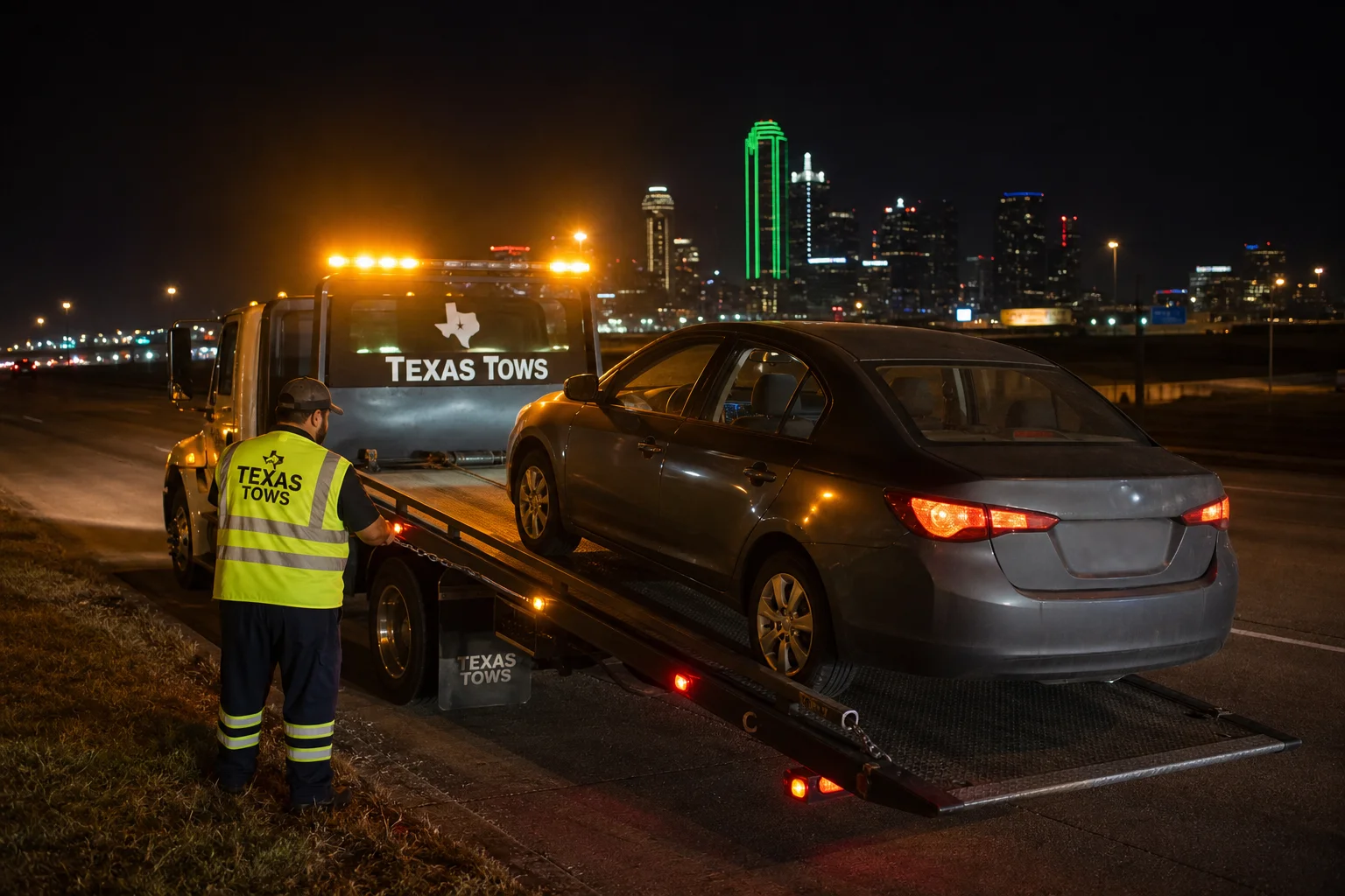 Texas Tows flatbed tow truck loading a broken-down compact car on I-45 near south Dallas at night — uniformed operator in high-visibility vest with amber emergency lights and DFW city lights in background