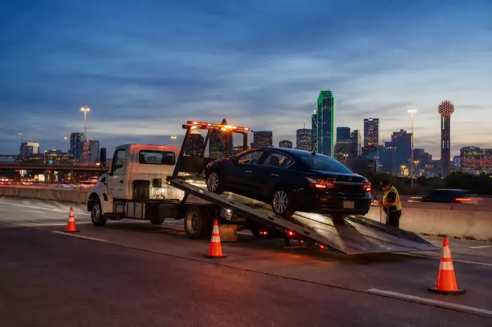 Texas Tows flatbed truck loading a vehicle on a Dallas tollway ramp at night