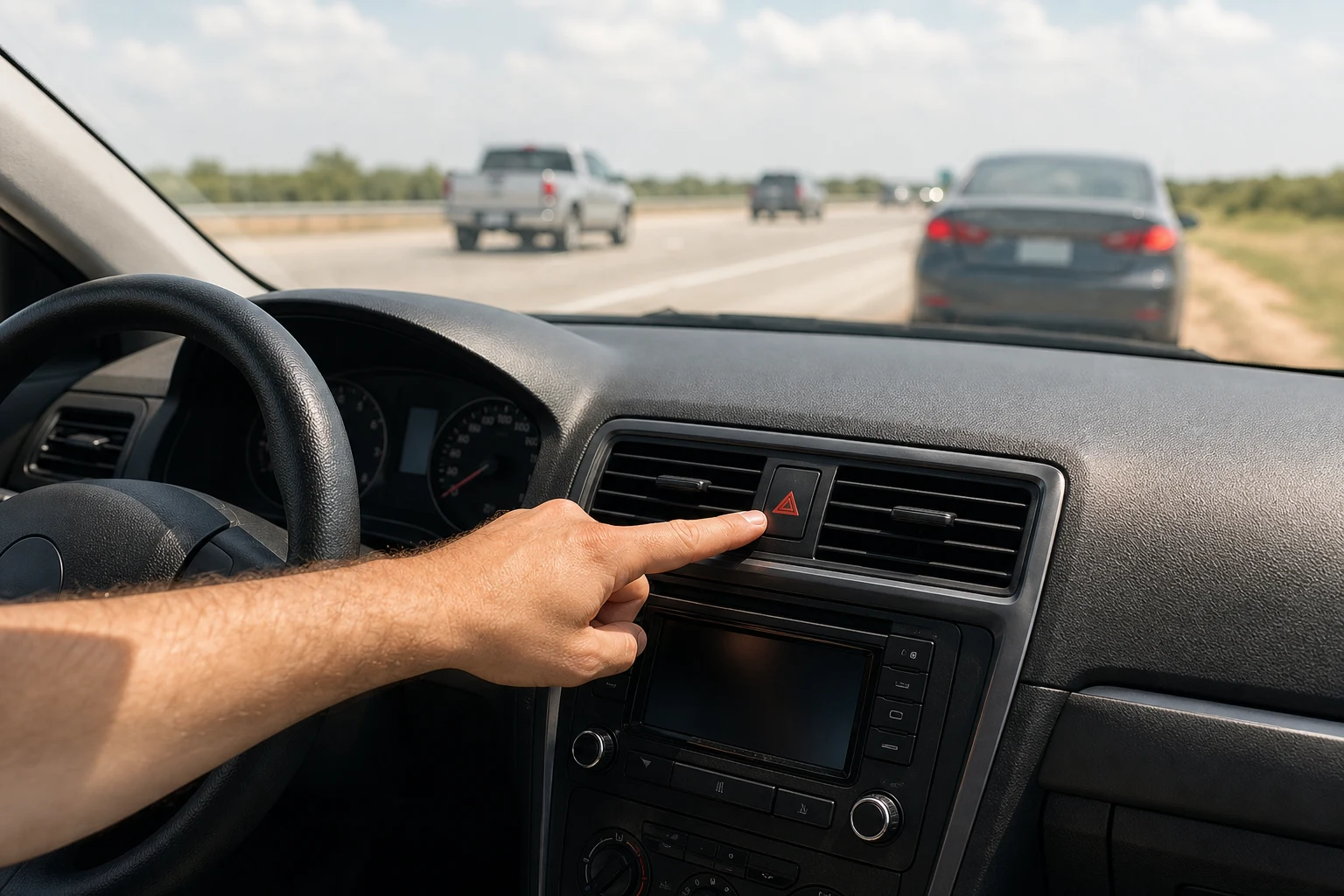Car stalled Dallas traffic driver hitting hazard lights inside a sedan stopped on a Texas highway shoulder