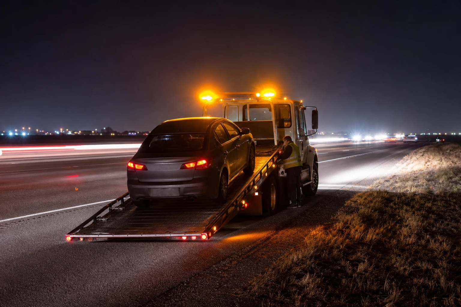 Car stalled Dallas highway at night with a flatbed tow truck loading the vehicle from the shoulder