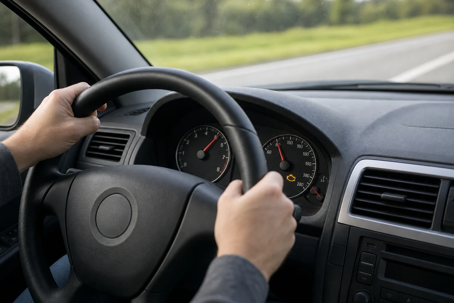 Check engine light Dallas dashboard warning icon illuminated on a car instrument cluster while driving