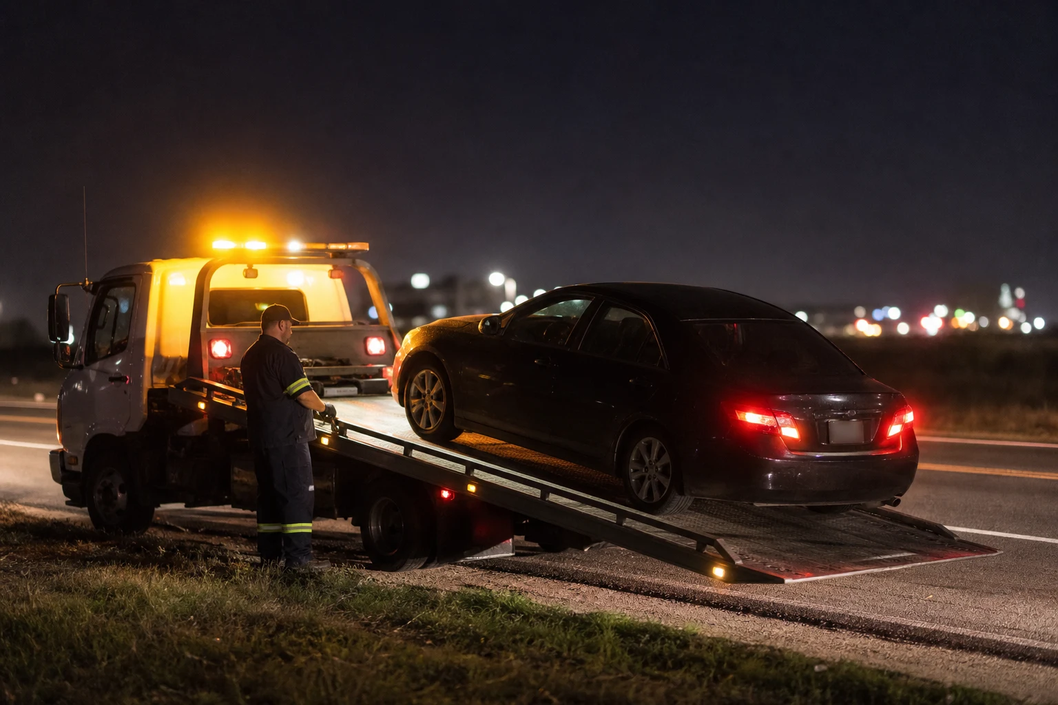 Check engine light Dallas flatbed tow truck loading a sedan at night after an engine warning