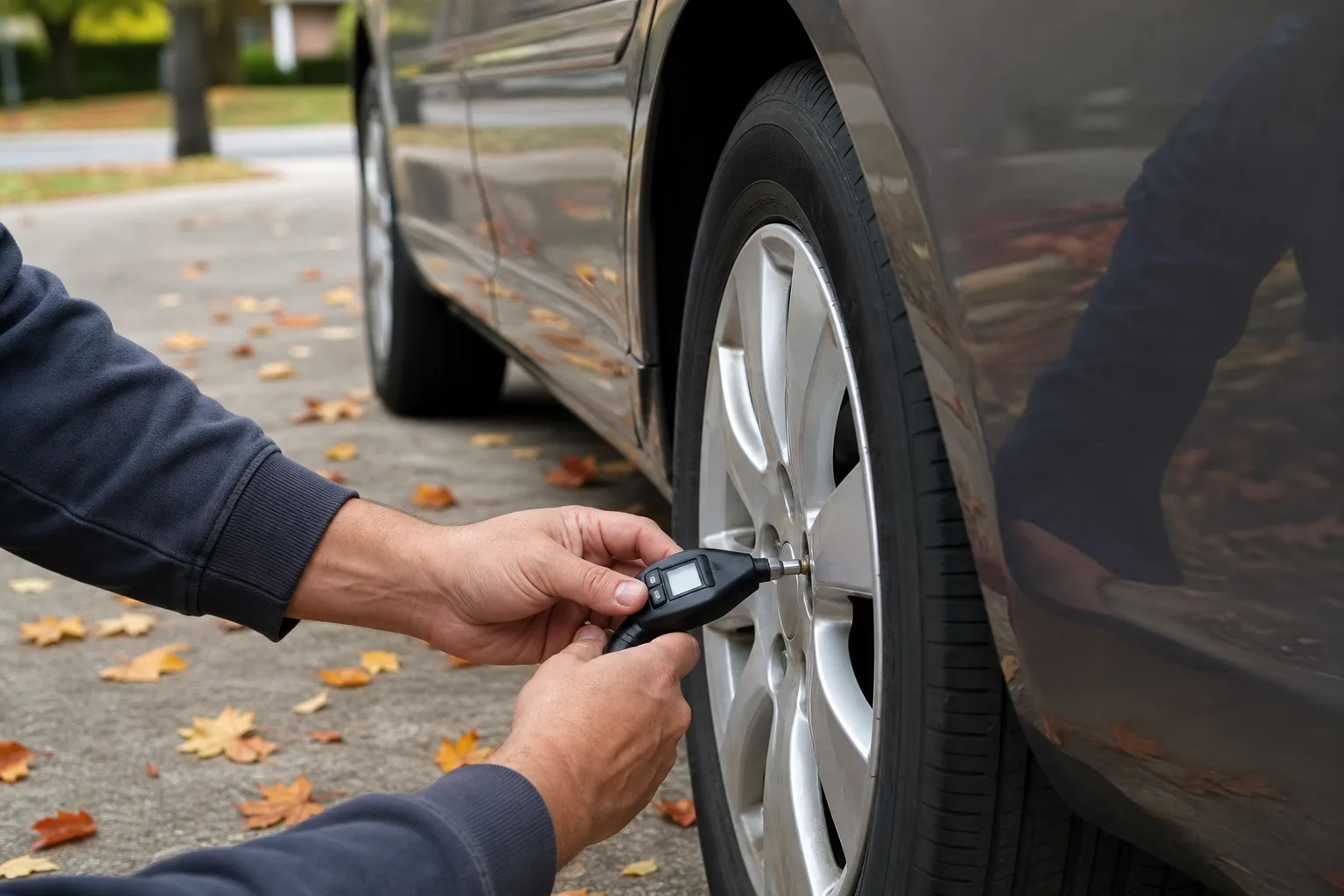 Fall car maintenance Dallas: checking tire pressure with a digital gauge on a driveway covered in autumn leaves