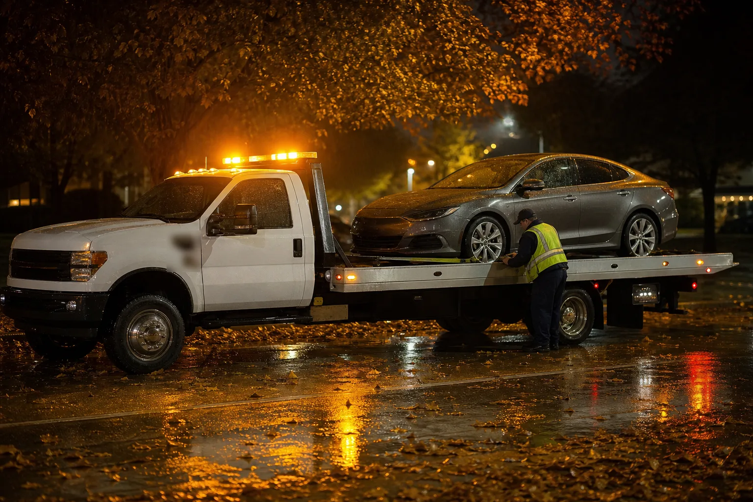 Fall car maintenance Dallas: flatbed tow truck at night with a sedan secured on the bed on a rain-slicked street covered in wet leaves