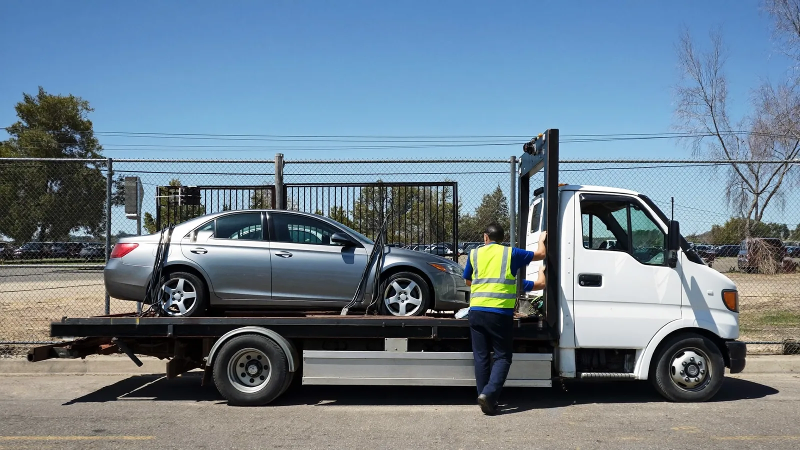 Flatbed tow truck picking up a released car outside a Texas vehicle storage lot
