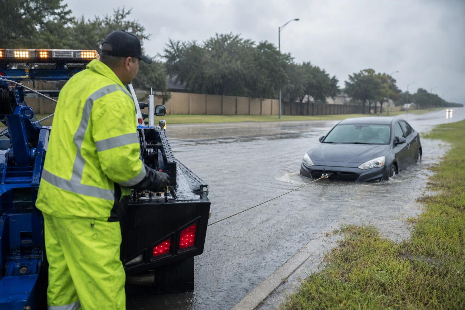 Flash flood towing Dallas technician winching a stalled sedan out of standing floodwater during a storm