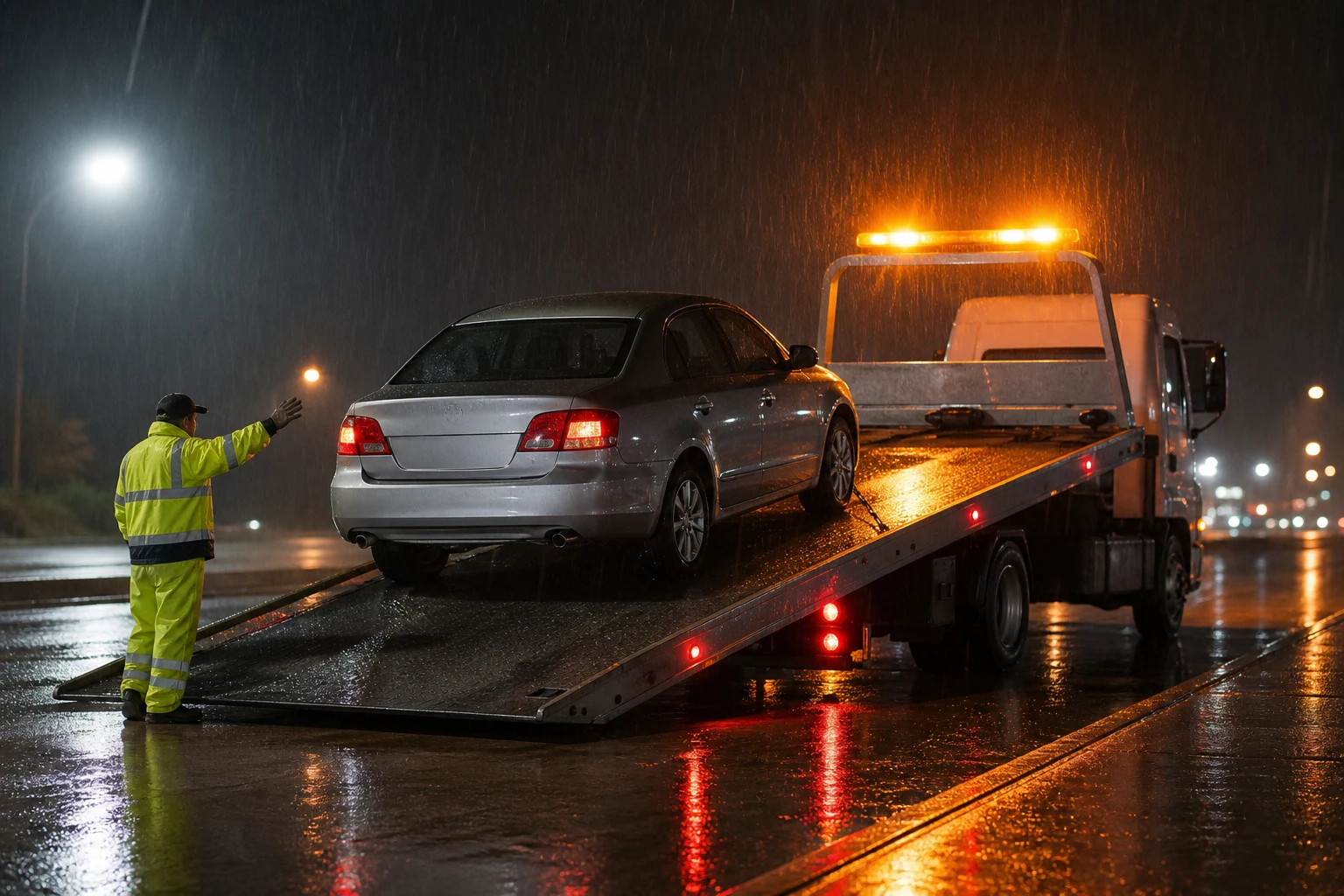Flash flood towing Dallas flatbed tow truck loading a sedan at night after a severe storm