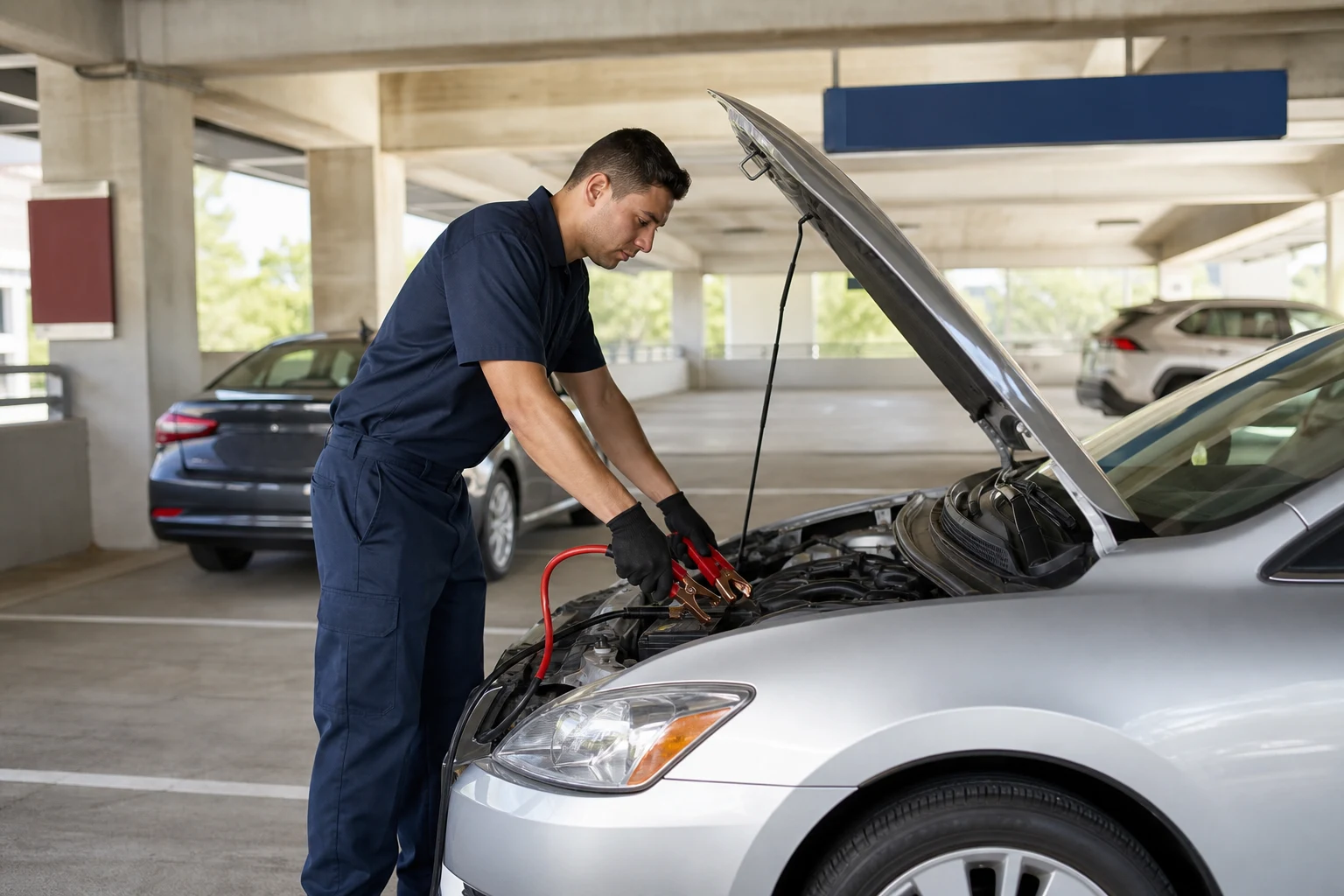 Roadside assistance Arlington TX technician jump-starting a sedan in a parking garage near UT Arlington