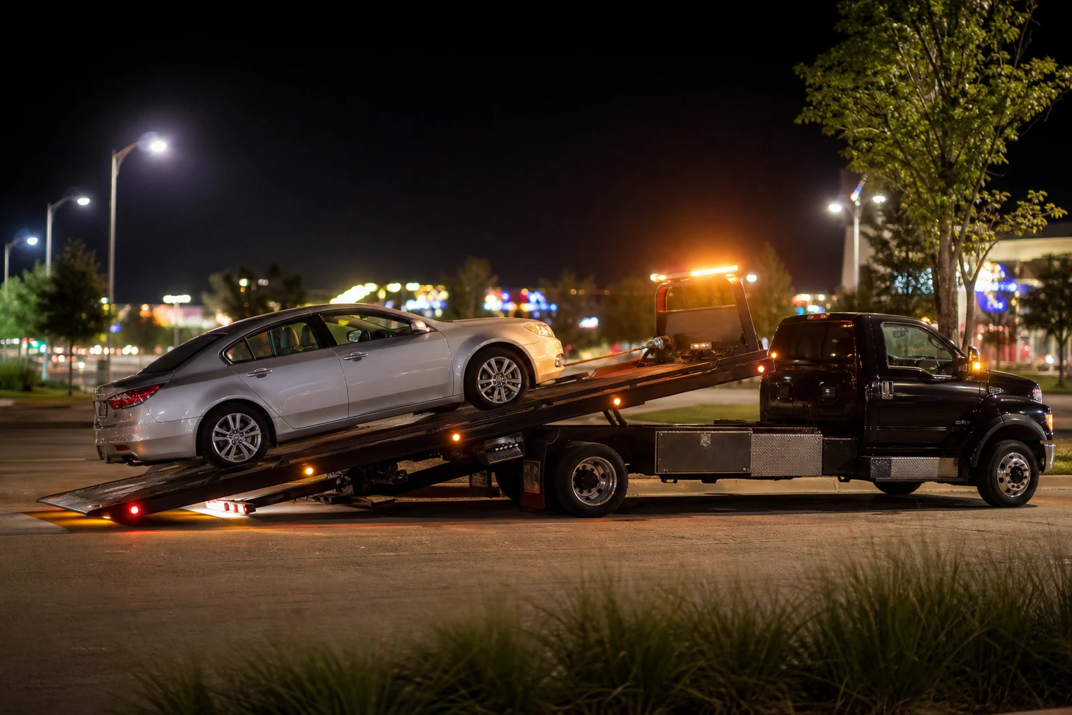 Roadside assistance Arlington TX flatbed tow truck loading a sedan at night near the Entertainment District skyline