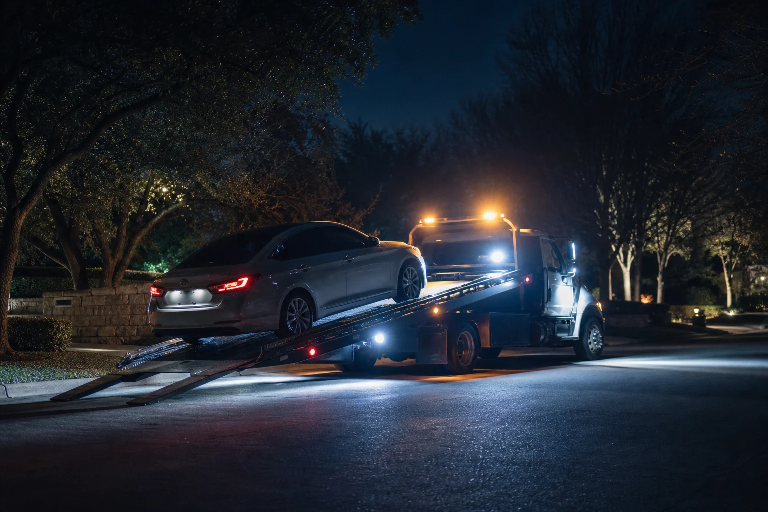 Roadside assistance Bluffview Dallas flatbed tow truck loading a sedan on a residential street at night