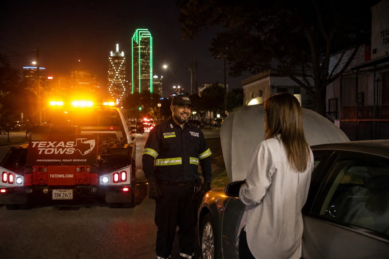 Texas Tows roadside assistance technician helping stranded East Dallas driver at night on Lower Greenville area street with emergency amber lights