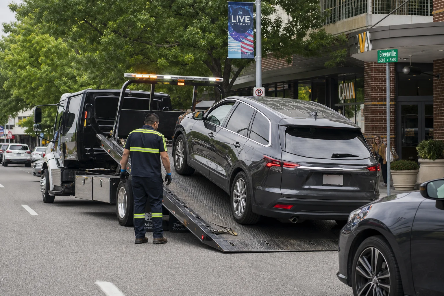 Texas Tows flatbed tow truck loading disabled vehicle on Lower Greenville Greenville Avenue Dallas Texas professional towing crew daytime