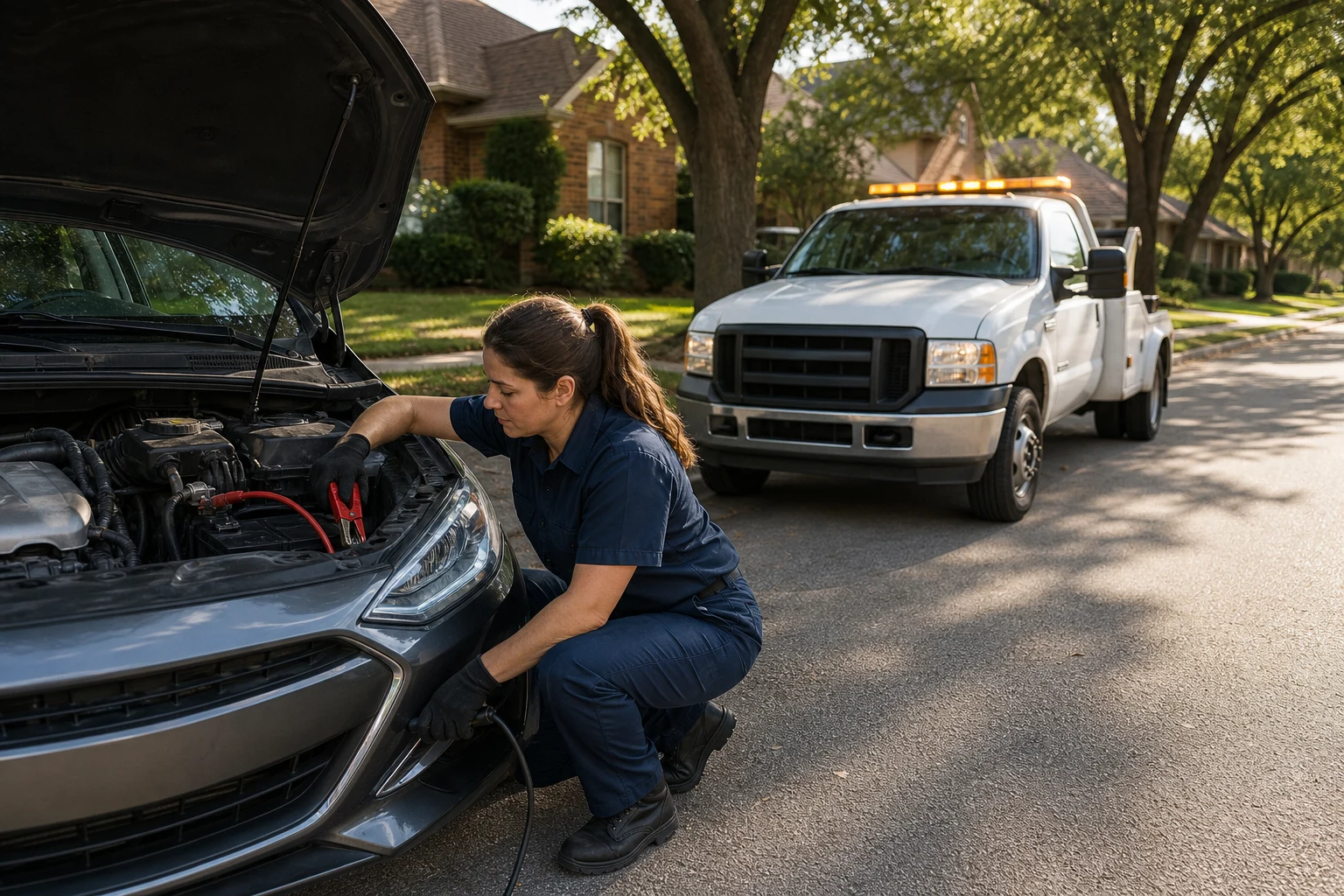 Roadside assistance Northeast Dallas technician jump-starting a car in a tree-lined neighborhood near a service truck
