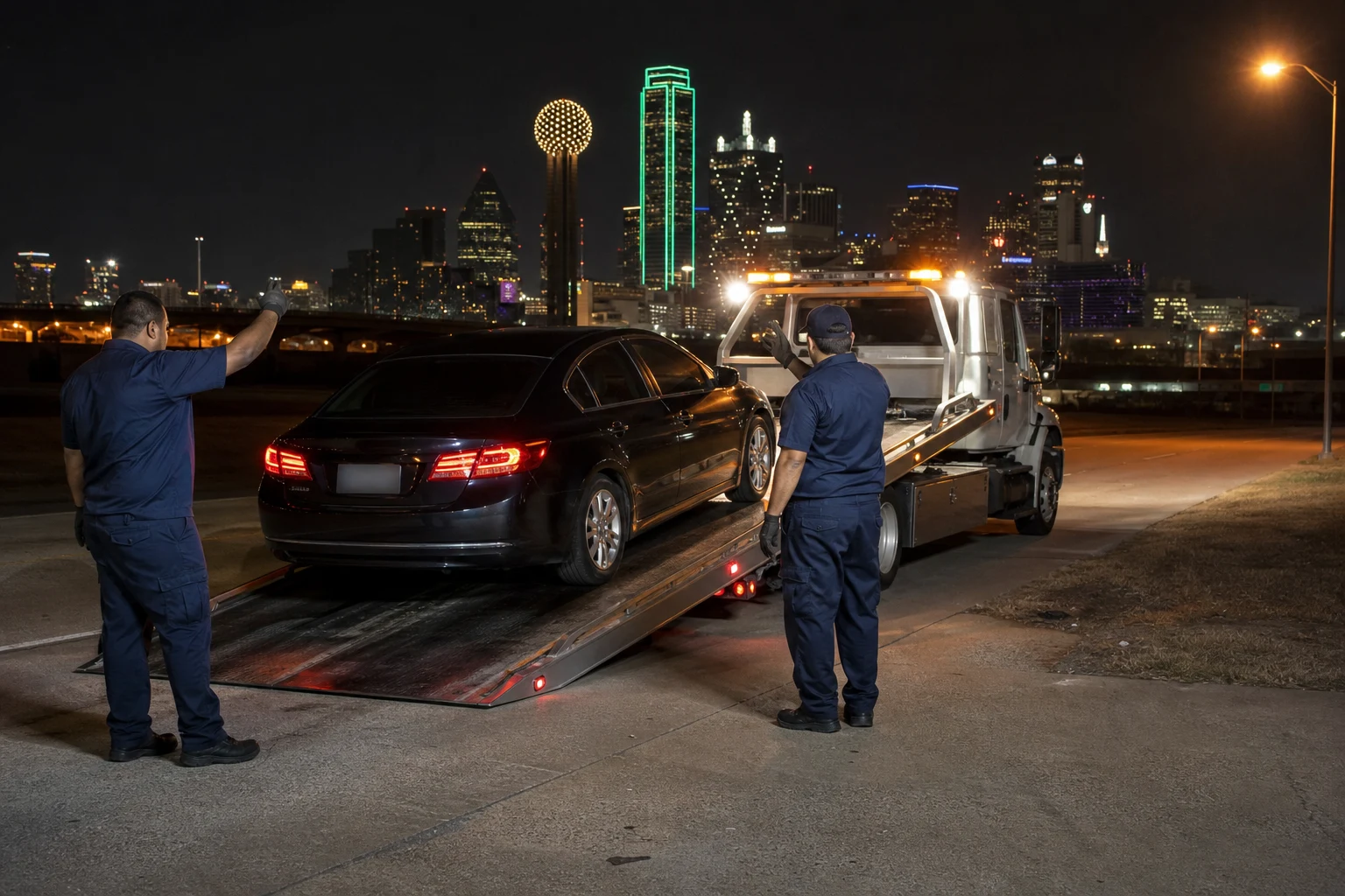 Roadside assistance Northeast Dallas flatbed crew loading a sedan at night with the Dallas skyline lit up in the background