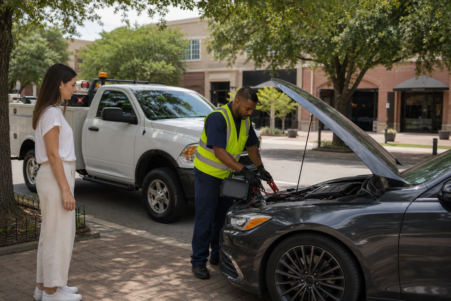 Roadside assistance Park Cities Dallas technician jump-starting a sedan in University Park near a professional service vehicle