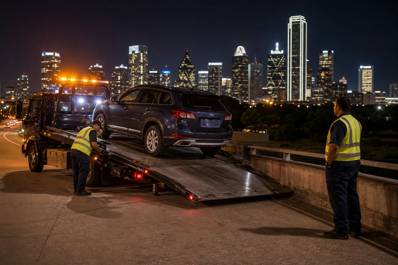 Roadside assistance Park Cities Dallas flatbed crew loading a disabled crossover at night near the Dallas North Tollway