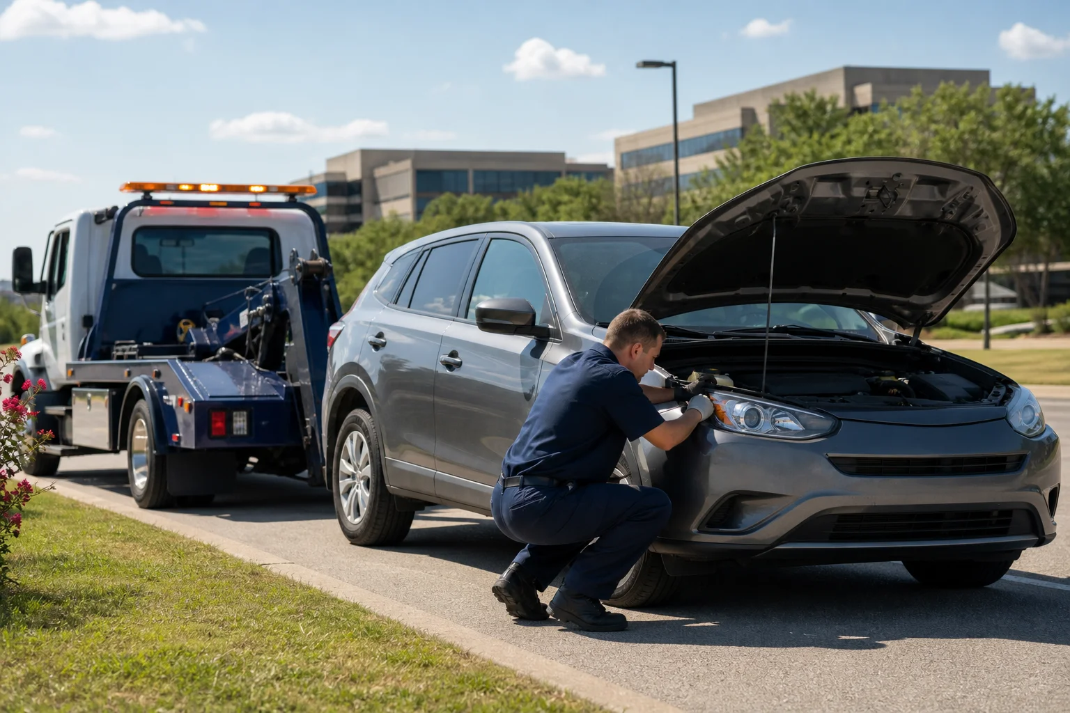 Roadside assistance Richardson TX technician inspecting a disabled crossover near a Telecom Corridor office park