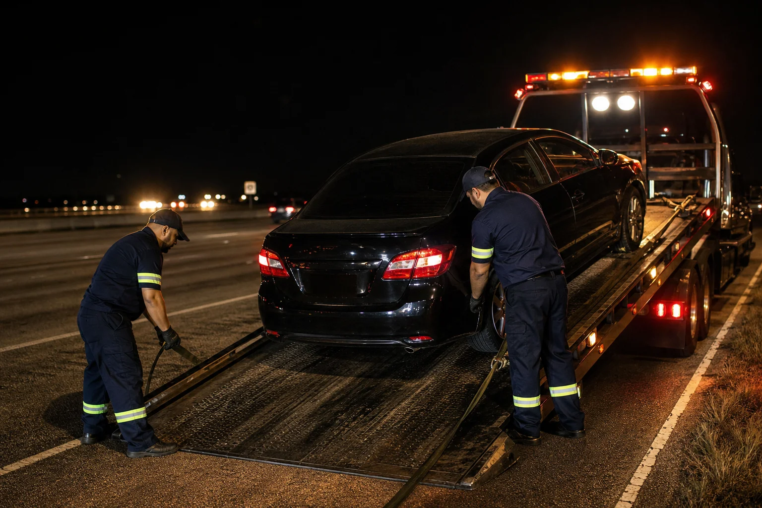Roadside assistance Richardson TX flatbed crew loading a disabled sedan at night near US-75 Central Expressway
