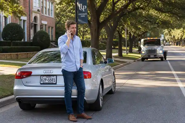 Stranded motorist on a Dallas street calling for roadside assistance near University Park