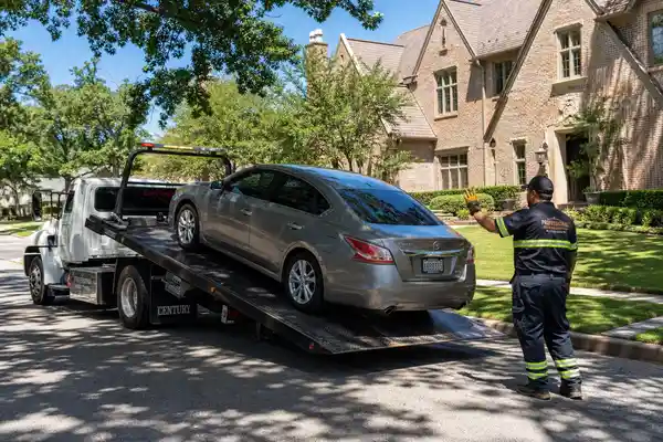 Texas Tows flatbed truck loading a vehicle for transport in the SMU Dallas area
