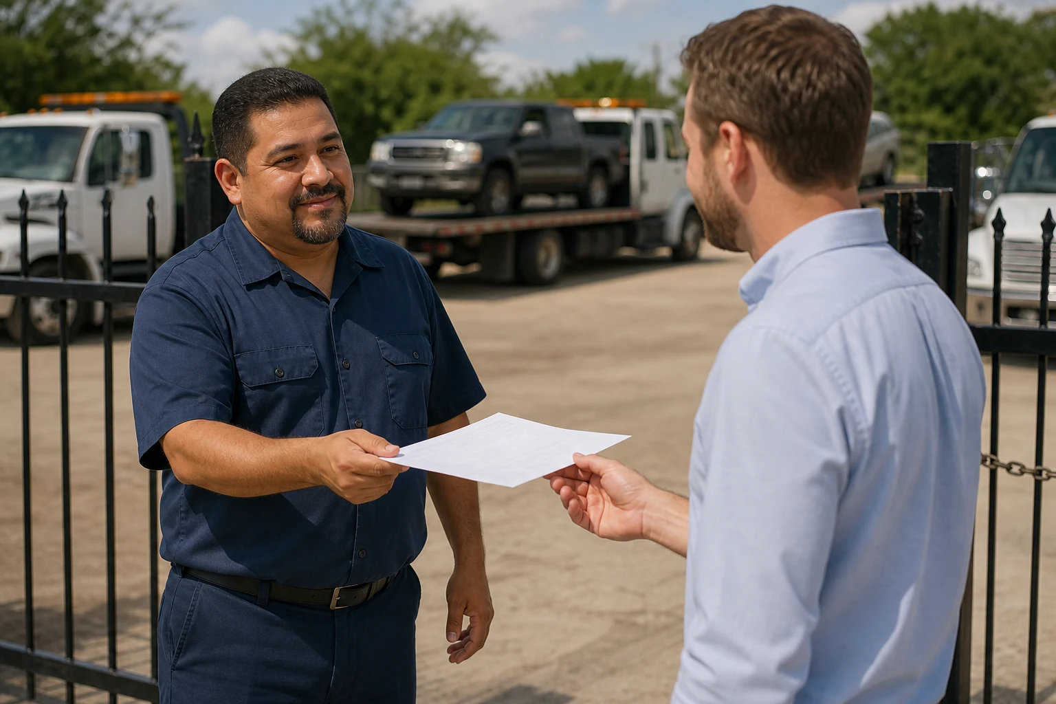 Texas towing storage fees Dallas towing employee handing an itemized receipt to a vehicle owner at a storage facility gate