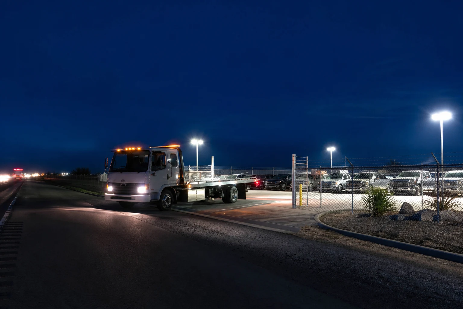 Texas towing storage fees Dallas flatbed tow truck arriving at a secure gated vehicle storage lot at night