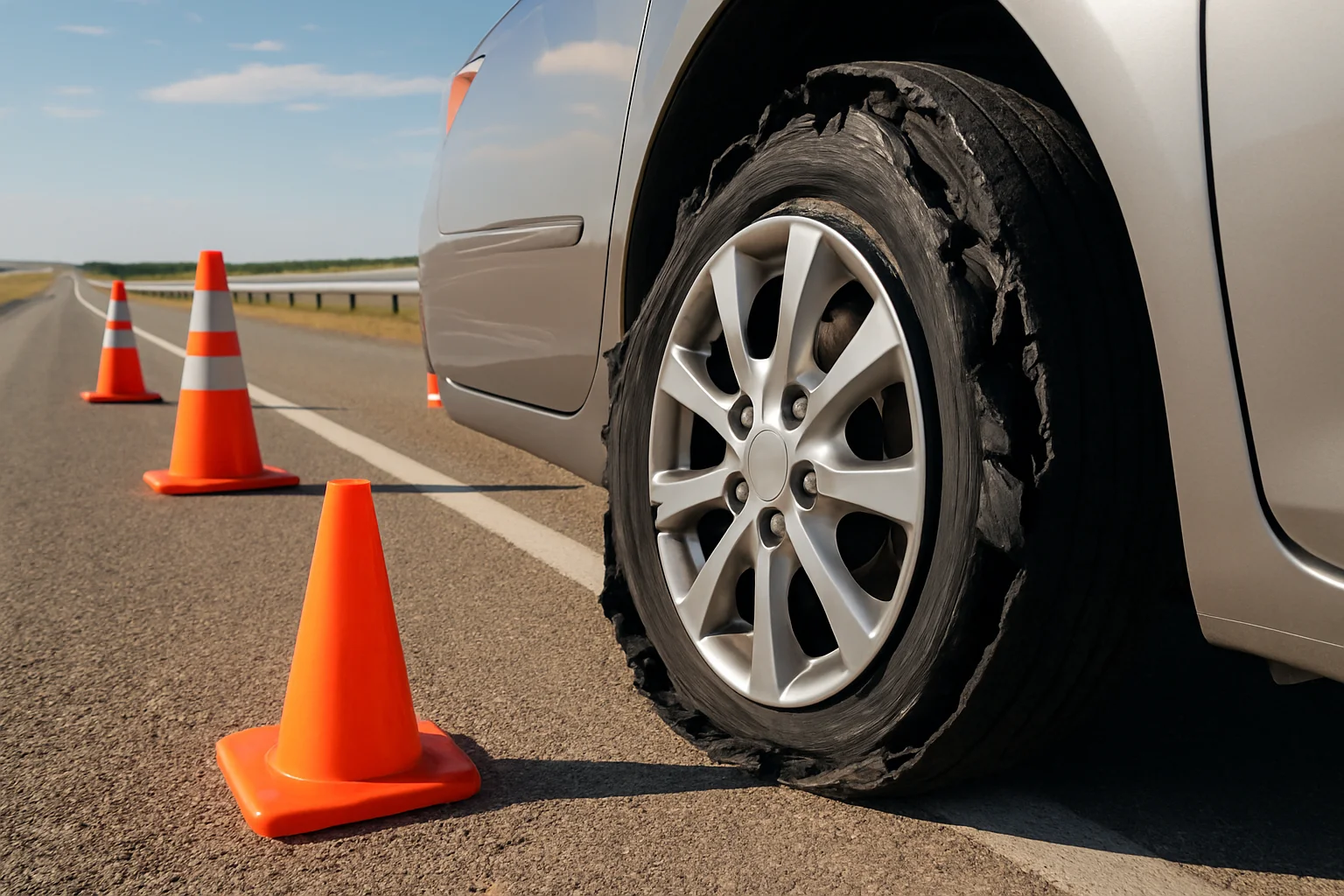 Close-up of a blown-out shredded tire on a vehicle parked on the shoulder of a Texas interstate highway — safety cones placed around vehicle during daytime roadside stop