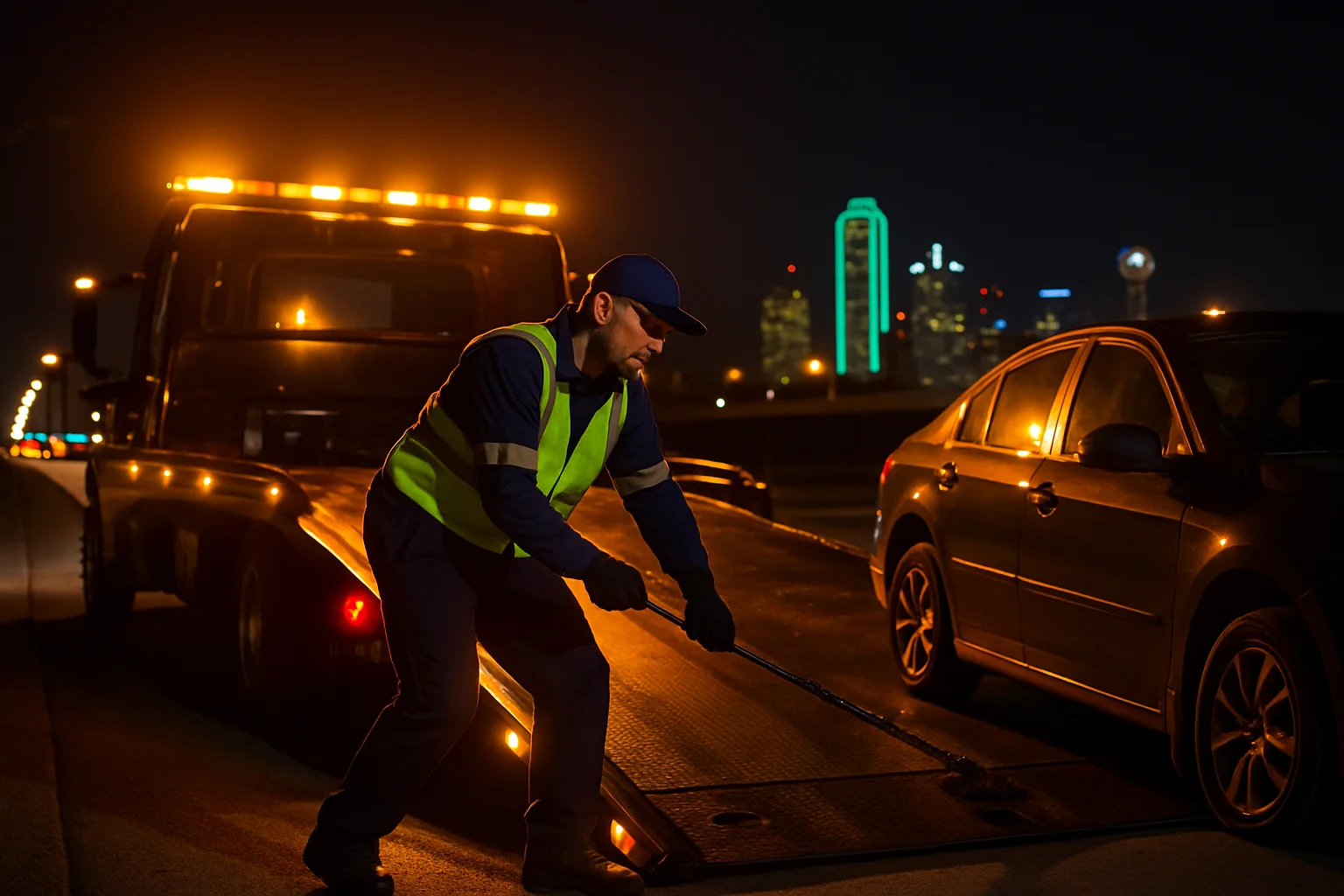 Texas Tows flatbed tow truck driver in uniform working at night on a Dallas highway, loading a vehicle with a blown-out tire — amber emergency lights illuminate the roadside scene with DFW city glow on the horizon