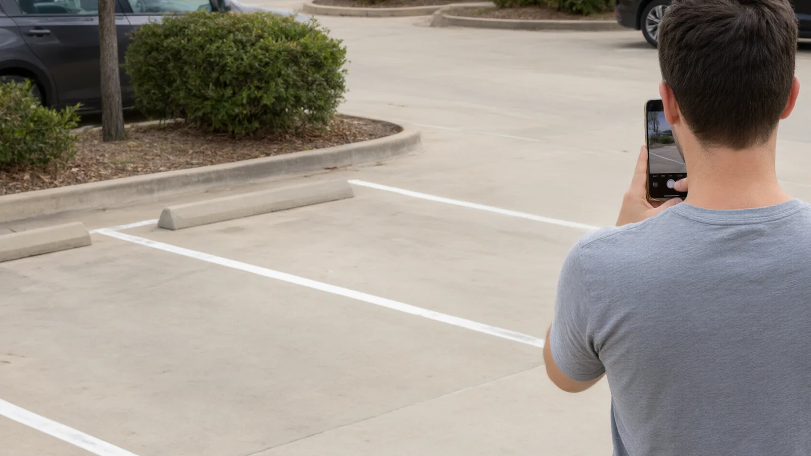 Driver photographing a parking space with a phone after a car was towed