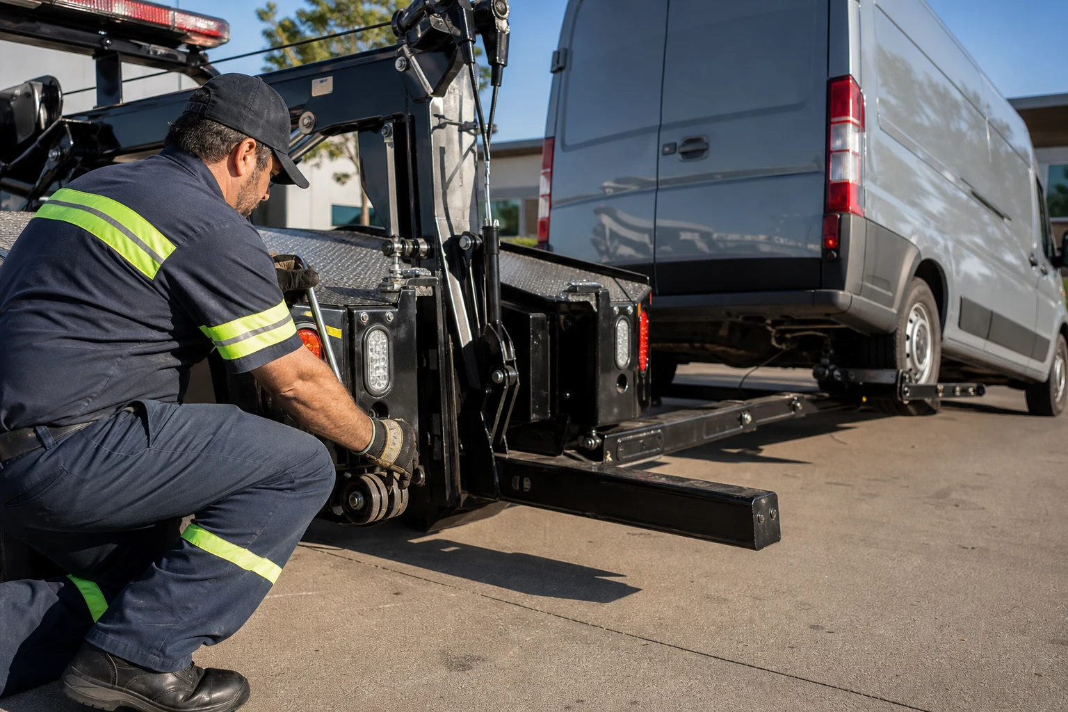 Commercial vehicle towing Dallas technician securing a cargo van with heavy-duty tow equipment